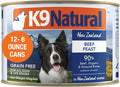 K9 Natural Wet Dog Food Pate Beef Feast - 6 oz Cans, Pack of 12 - Grain Free Canned Dog Food with Grass-Fed & Finished Beef - Single Source Limited Ingredient Diet - Made in New Zealand