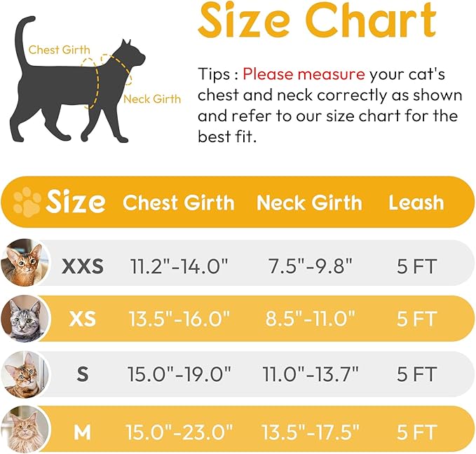 Dooradar Cat Harness and Leash Set, Escape Proof Safe Adjustable Kitten Vest Harnesses for Walking, Easy Control Soft Breathable Mesh Jacket with Reflective Strips for Cats, Yellow, XXS