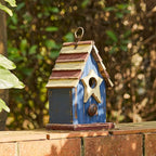 Glitzhome Birdhouses for Outdoors, 9" H Patriotic Hanging Bird House Distressed Solid Wood Cottage Design with 3D Star, Garden Birdhouse for Bluebird Hummingbird Wren Finch Cardinals Cedar