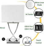 21.38" Table Lamp for Bedroom Living Room 3-Way Dimmable Touch Control Medium Chrome Bedside lamp with USB A+C Ports，Nightstand Lamp with White Linen Shade Bulb Included (White-Chrome)