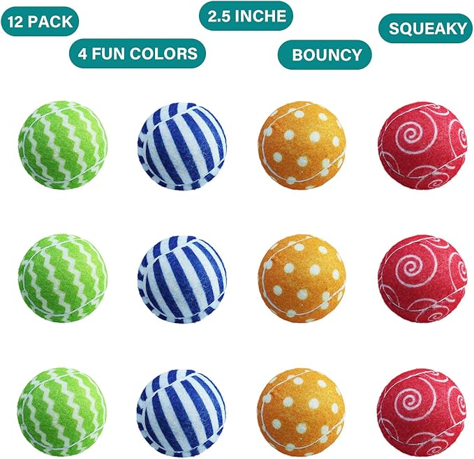 AMA SPORT Squeaky Tennis Balls for Dogs 12 Pack 2.5" Squeaky Tennis Balls for New Puppy Small Medium Dog Toys for Fetch, Exercise, Outdoor Play