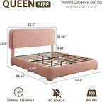 Queen Bed Frame, Teddy Velvet Boucle Bed Frame with 43.3"/45.3" Adjustable Upholstered Headboard, Rounded Corners, Mattress Foundation, No Box Spring Required, Pink