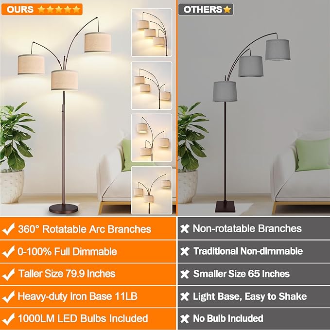 Dimmable Floor Lamp - 3 Lights Arc Floor Lamps for Living Room, 1000LM Modern Tall Standing Lamp With Beige Shades, Mid Century Tree Floor Lamp for Bedroom Office, 3 LED Bulbs Included - Brown