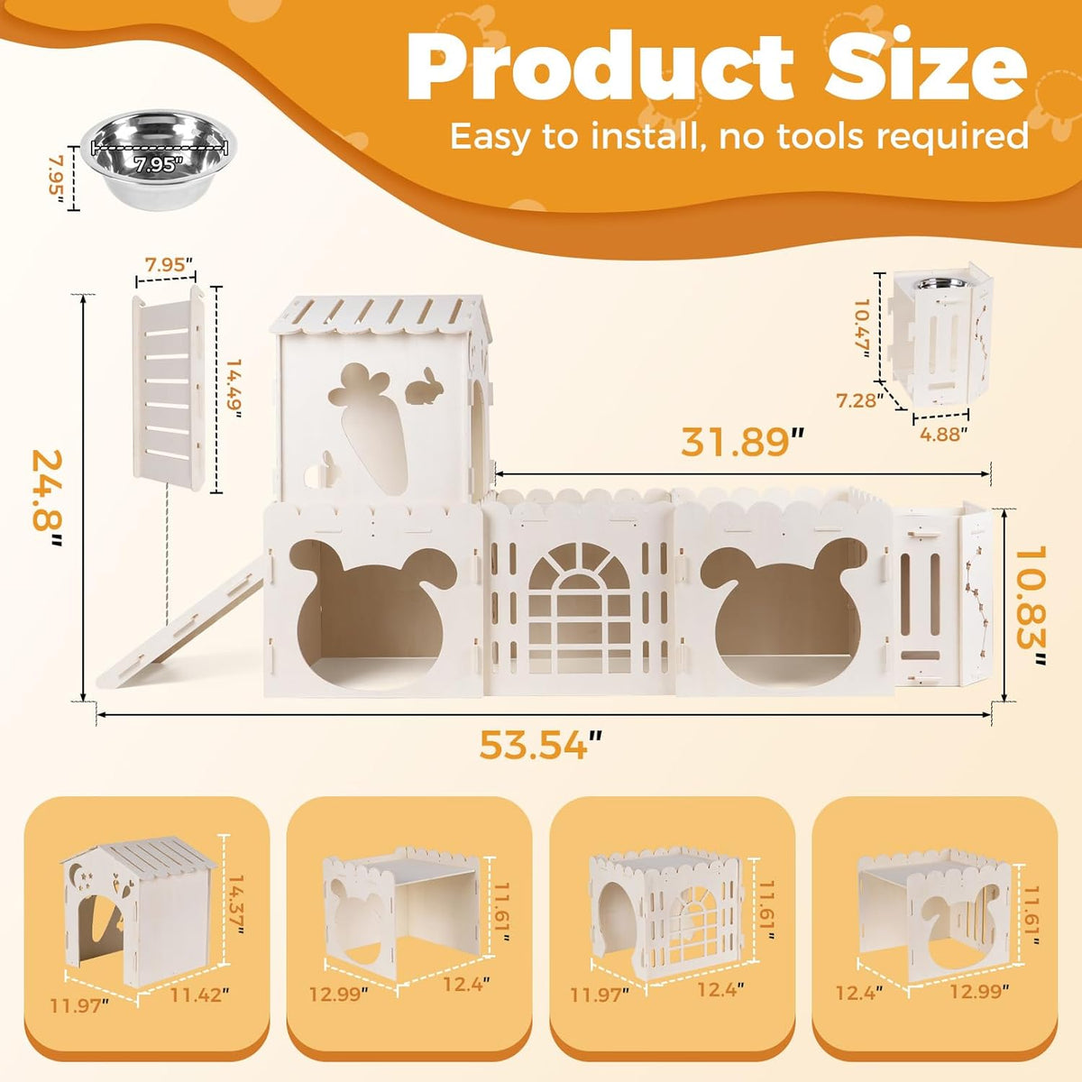 Extra Large Rabbit House, Wooden Bunny House Hideout with 4 Houses and Hay Feeder Indoor, Rabbit Guinea Pig Hideout Multistory Climbing Tower Sturdy Wooden Castle, Small Animal Hideaway Tunnel