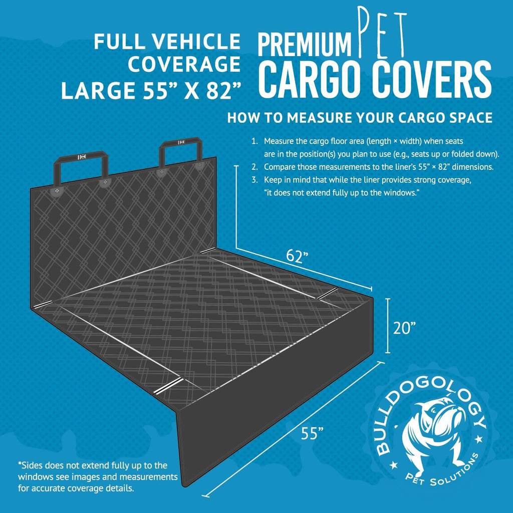 Bulldogology SUV Cargo Liner for Dogs 55"x82" Heavy Duty Pet Trunk Cargo Cover Area - Trunk Cover Car Protector for Dogs Waterproof Nonslip Mat - Dog Cargo Liner SUVs Vans Cars (Large, Black)