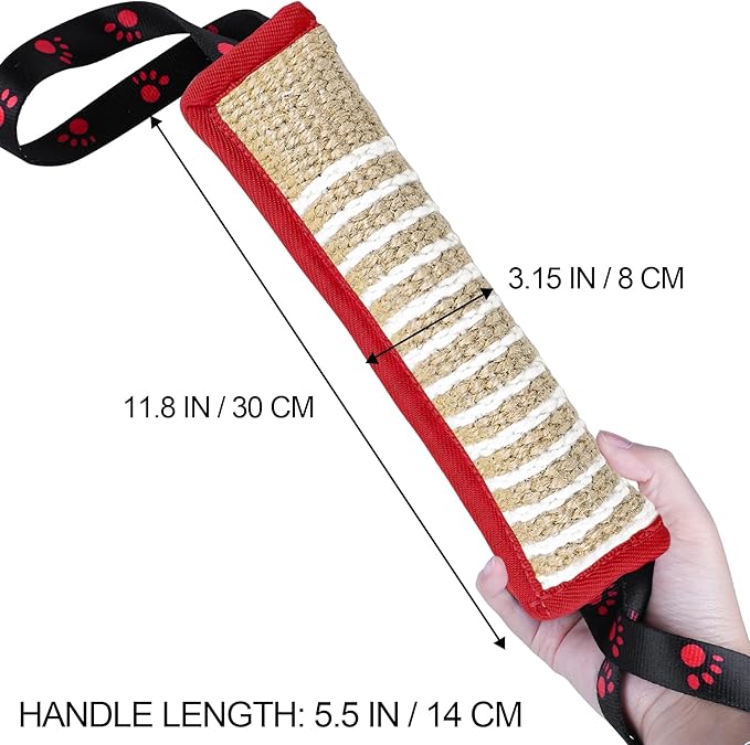Dog Tug Toy Dog Bite Jute Pillow Pull Toy with 2 Strong Handles Perfect for Tug of War, Puppy Interactive Play, Tear Resistant Bite Training Toys for Small Medium Large Dogs (Red Footprint)