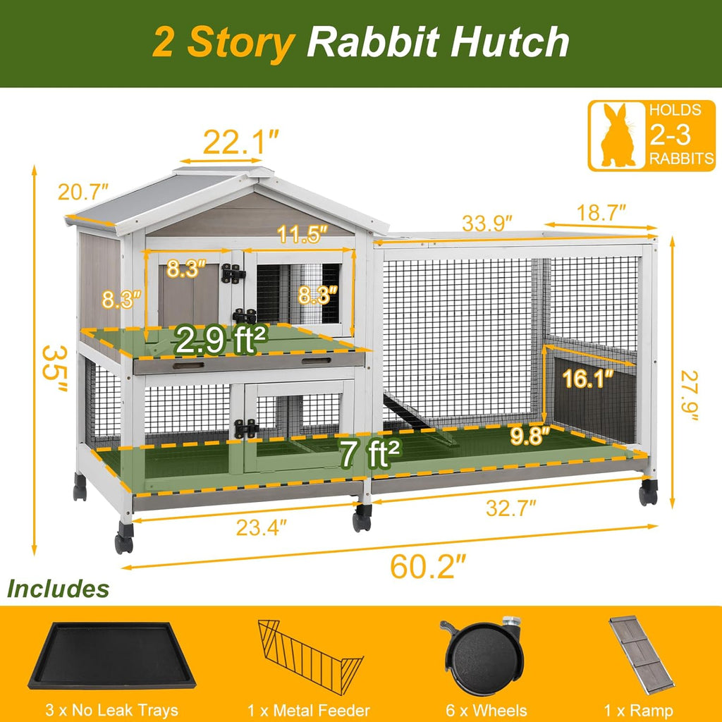 Rabbit Hutch Outdoor Indoor Bunny Hutch with Run 2-Story Large Rabbit Cage on 6 Wheels, 3 Leak Proof Trays, Ramp, Waterproof Roof for Small to Medium Animals, Expandable Design