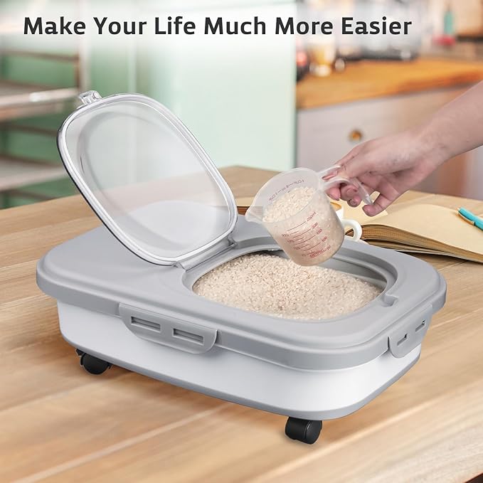 Rice Storage Containers, Collapsible 20 to 30Lbs Food Storage Bin Dispenser with Rolling Wheel and Clear Airtight Lid, BPA Free Flour, Sugar, Cereal and Dog Cat Pet food Containers