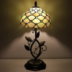 Small Tiffany Lamp Amber Green Pearl Style Stained Glass Table Lamps Desk Bedside Reading Light 8X8X18 Inches with Bronze Metal Leaf Resin Base