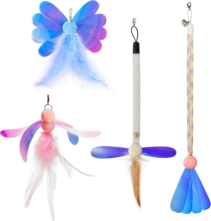 JXFUKAL Cat Feather Toy Refills, 4Pcs Simulation Butterfly Dragonfly Glitter Piece Feather Cat Lures Wand Attachment Replacement for Kitty Kitten Indoor Cats Accessories