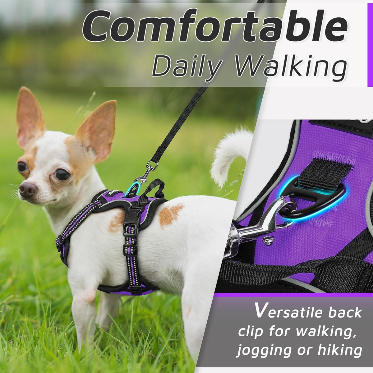 Eagloo Small Dog Harness No Pull, Service Vest with Reflective Strips and Control Handle, Adjustable and Comfortable for Easy Walking, No Choke Pet Harness with 2 Metal Rings, Purple, XS
