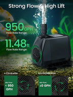 GROWNEER 950GPH Submersible Pump 50W Ultra Quiet Fountain Water Pump 3600L/H, with 9.8ft High Lift, 4 Nozzles for Aquarium, Fish Tank, Pond, Hydroponics, Statuary, Garden, Black (950GPH)