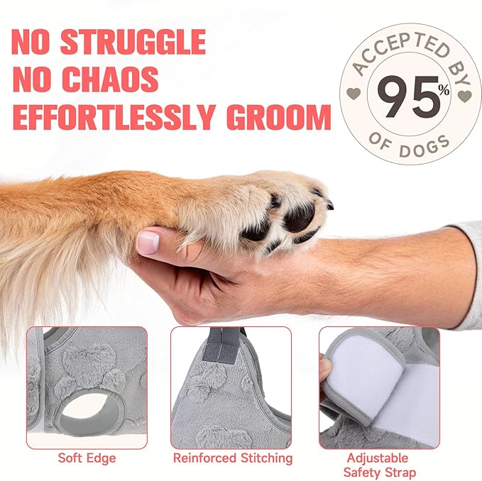 PAWCHIE Dog Grooming Hammock Harness for Dogs & Cats with Pet Nail Clipper Trimmer,Cat Hanger Sling for Trimming Clipping Nails,Warm Plush Dog Hammock Restraint Bag for Small Medium Large Dogs,Grey XS