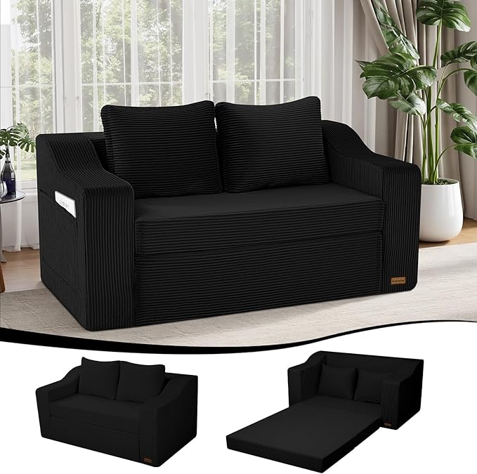 MeMoreCool Convertible Sofa Bed, Pull Out Loveseat Sofa Sleeper Couch for Bedroom Living Room Lounge, 2 in 1 Small Couch Bed with Pillow, Foldable Love Seat Futon Corduroy Black