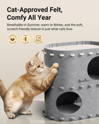 DownyPaws Cat House for Indoor Cats, 2-Storey Foldable Cat Bed Cave, Felt Cats Tunnel Bed Condo, Castle Kitten Cube Hideaway for Multicats, Scratch Resistant, Light Gray