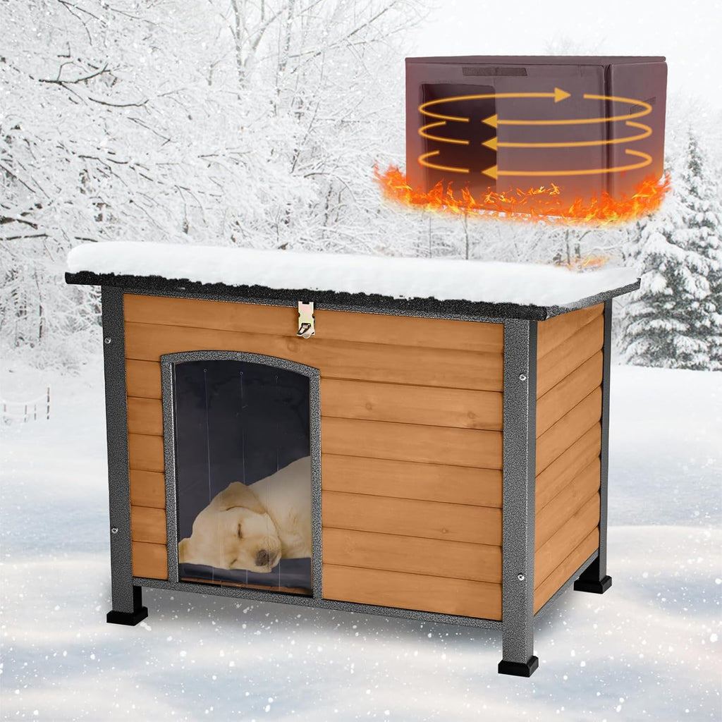 Feral Dog House Outdoor,Anti Bite Iron Frame Dog Kennel,Wood Warm Pets Home,Insulated Weatherproof Outside Shelter for Feral Animal (33.5"(L)×22"(W)×25.2"(H)-Brown-in)