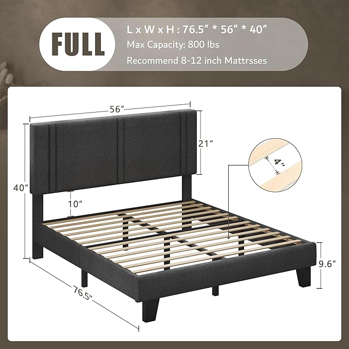 iPormis Full Platform Bed Frame with Fabric Upholstered Headboard & Thickened Legs, Mattress Foundation with Solid Wooden Slats Support, No Box Spring Needed, Noise Free, Dark Grey