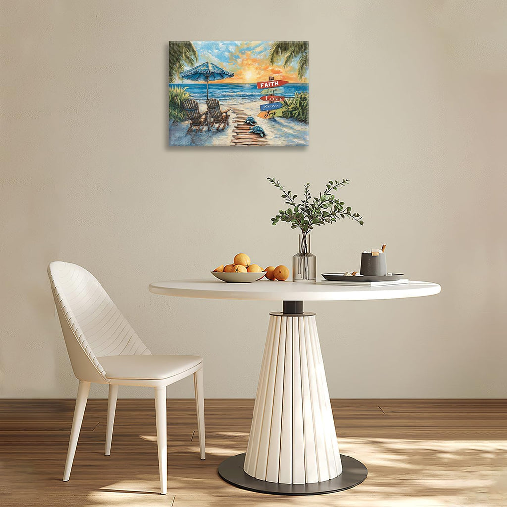 Beach Ocean Bathroom Pictures Wall Art, Seaside Coastal Bathroom Wall Decor, Sunrise Framed Painting Canvas Artwork for Bedroom Living Room Decorations 16"L x 12"W