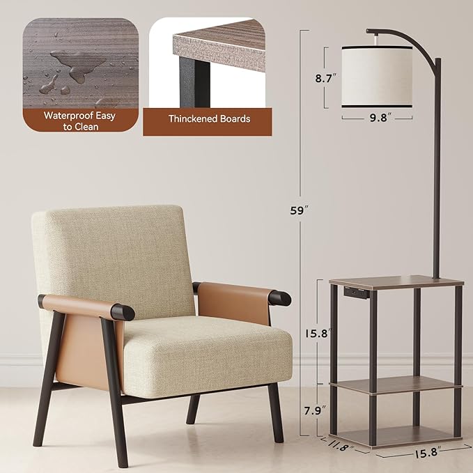 SUNMORY Floor Lamp with Table, End Table for Living Room with Lamp, Shelves Side Table with Charging Station(USB & AC Port), 3 Color Temperature LED Bulb, Modern Nightstand Lamp for Bedroom, Office