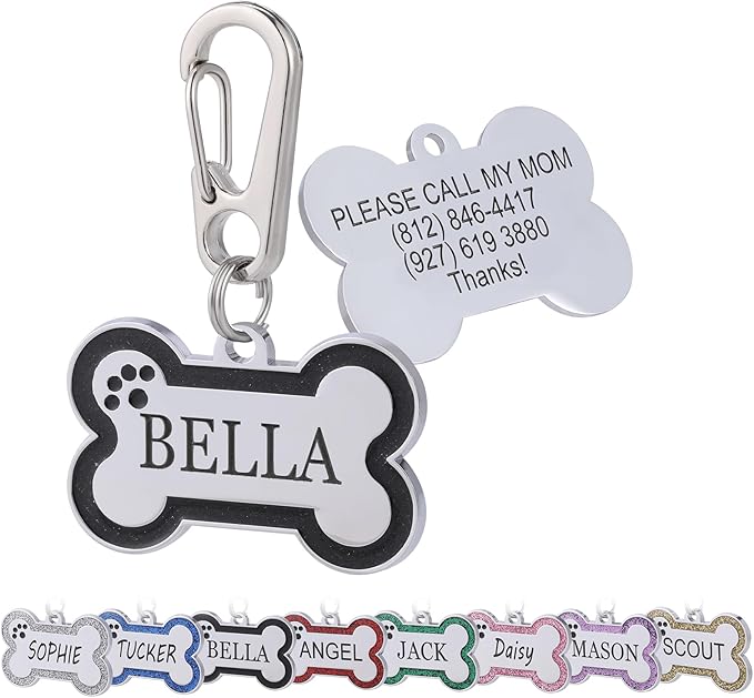 Personalized Stainless Steel Pet ID Tags with Glittery Bone Design - DEEP Engraved Dog Tags Engraved for Pets Customized with 5 Lines Dogs and Cats Pets