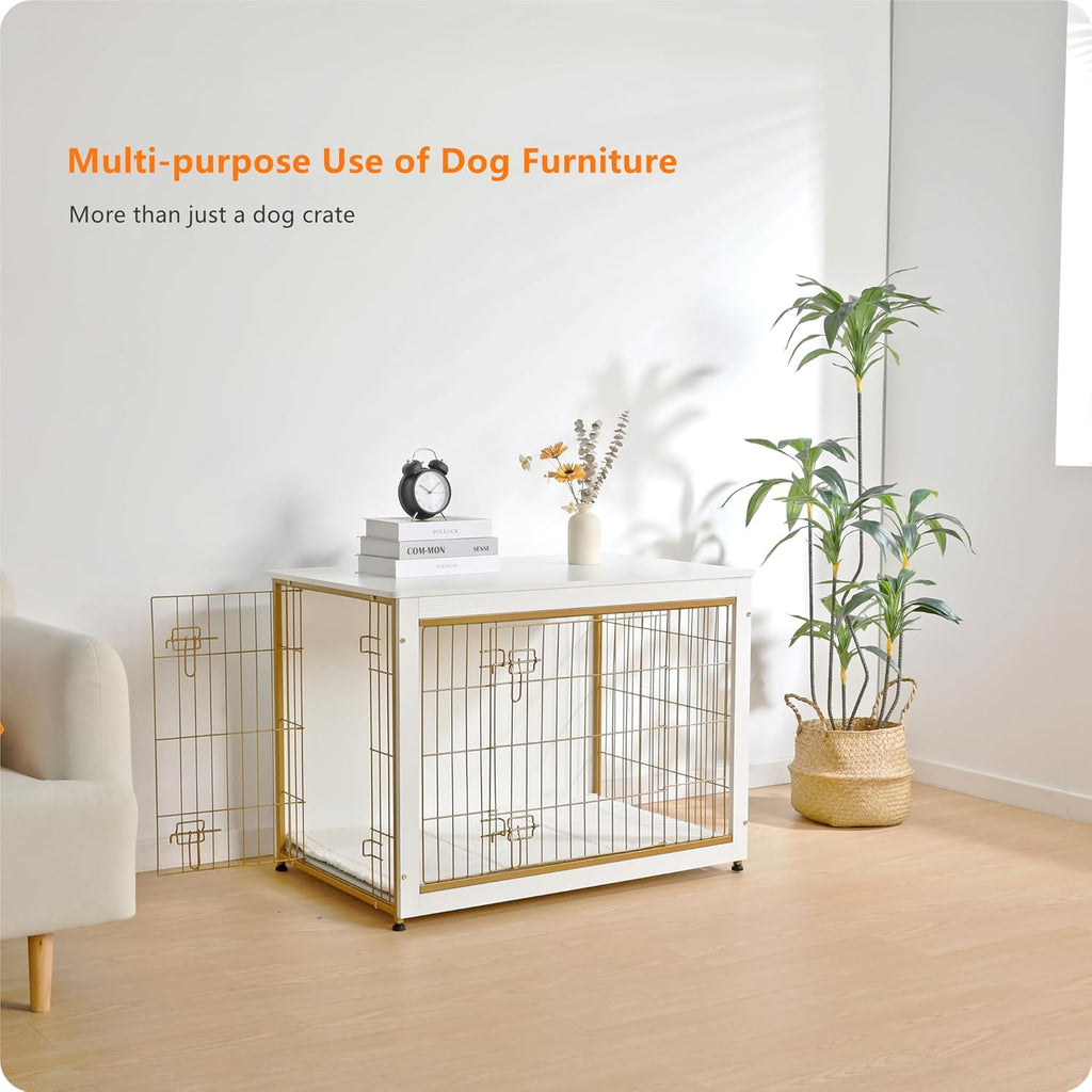 DWANTON Dog Crate Furniture with Cushion, Wooden Kennel Table with Double Doors, Indoor Dog House, Large Size, 38.5" L, White