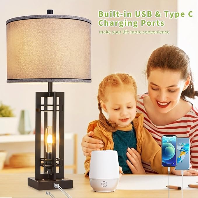 27" Touch Control Farmhouse Table Lamps, Set of 2 Tall Rustic Table Lamps 2-Light Design with USB A+C Ports, Bedside Lamps with Grey Shade for Living Room Home Office, 4 LED Bulbs Included