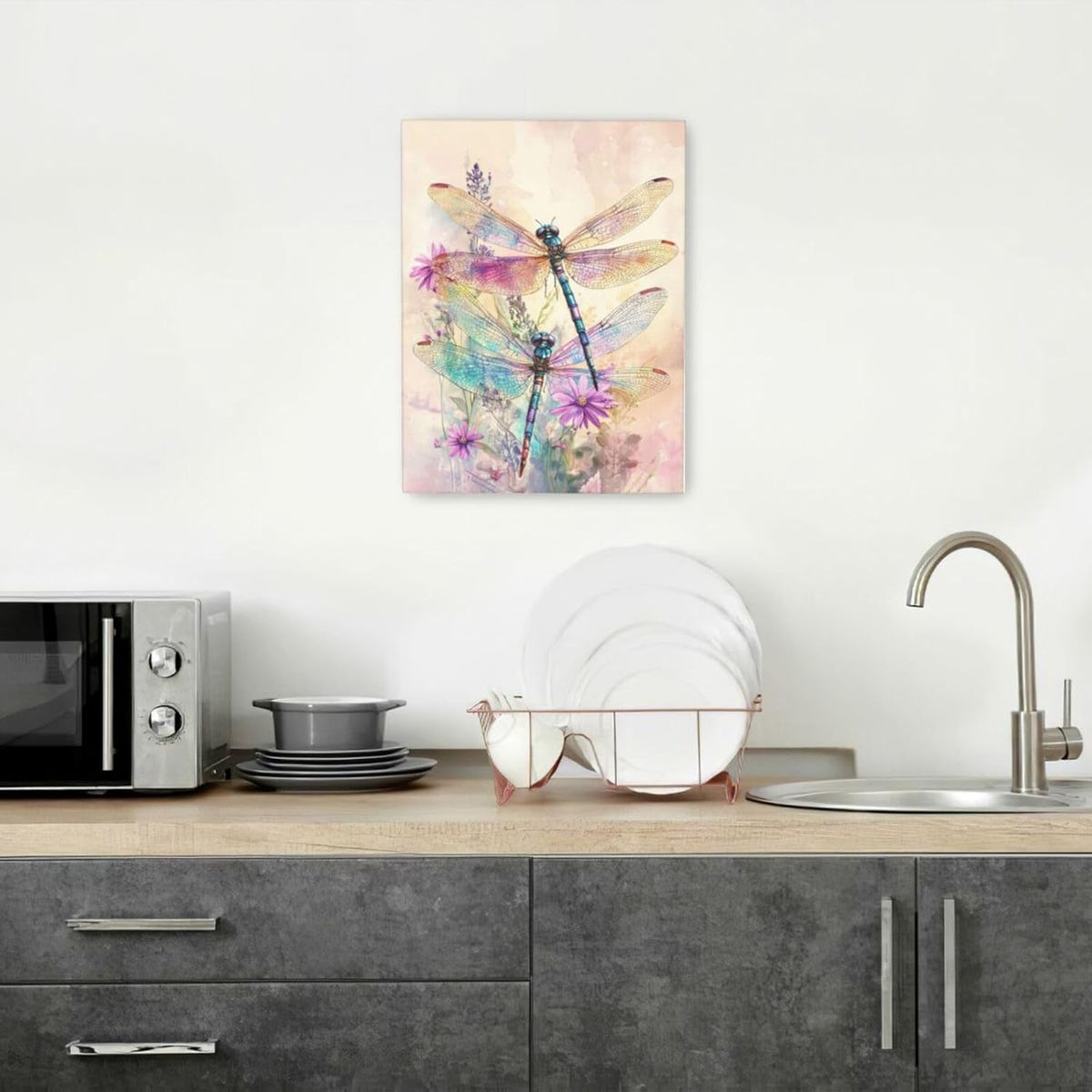 Dragonfly Bathroom Pictures Wall Art, Floral Bathroom Wall Decor, Framed Painting Canvas Artwork for Bedroom Living Room Decorations 16"L x 12"W