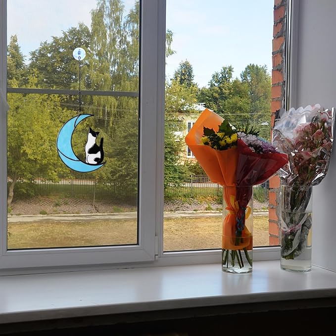 Black and White Tuxedo Cat Memorial Gifts - Handmade Stained Glass Suncatcher Window Hanging, Cat Loss Sympathy Gift for Owners