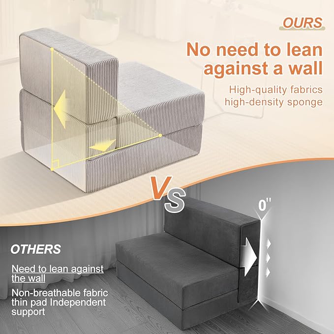 Folding Sofa Bed,Convertible Fold Out Couch,Portable Foldable Floor Mattress Sleeper Chair with Pillow,Adjustable Backrest Support,Lazy Sofa for Living Room,Single,Light Grey