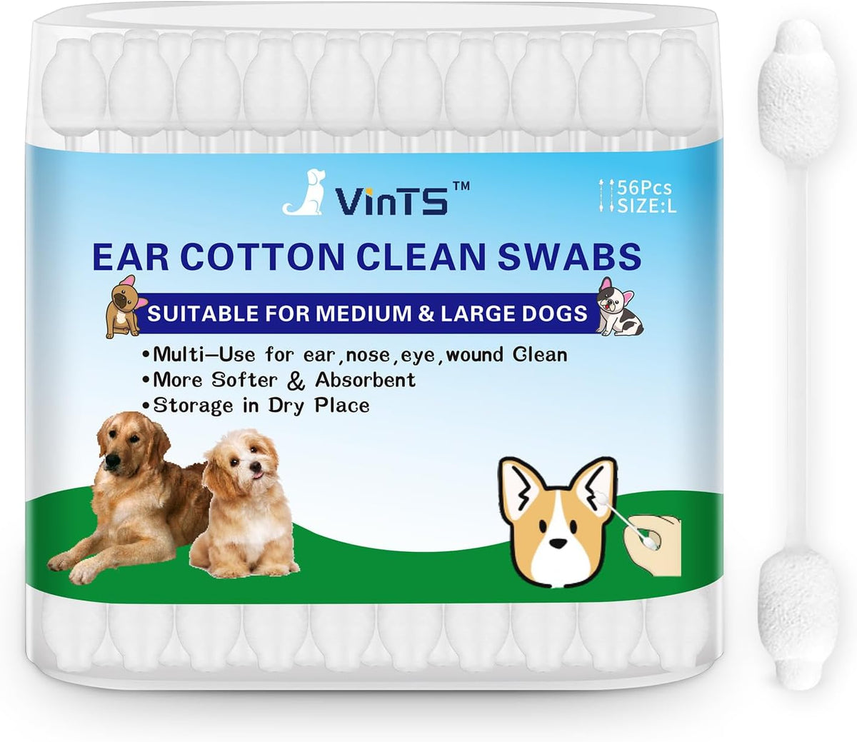 VinTS 60 PCS Cotton Dog Ear Cleaning Swabs, Pet’s Ear Infection Treatment Gourd-Shaped Swabs Prevent Accidental Injuries, Safer Cleaning for Dogs and Cats– Large Size.100% Cotton