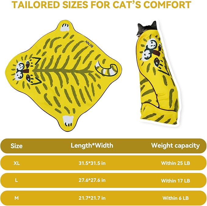 Cat Grooming Wrap for Cutting Nails, 27.6" Anti-Escape Calming Cat Swaddle Wrap for Medicine, Nail Clipping, Teeth Brushing, Ear Cleaning, Self-Adherent Burrito Restraint, (Tiger Print, L)