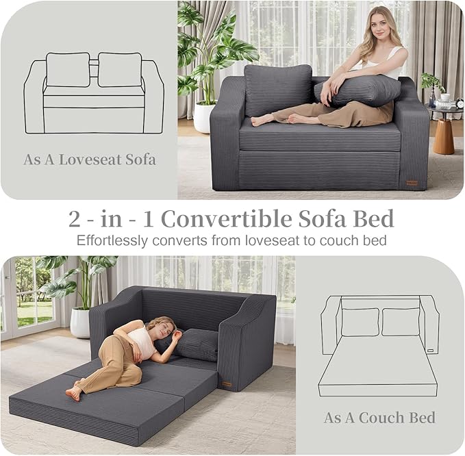 MeMoreCool Convertible Sofa Bed, Pull Out Loveseat Sofa Sleeper Couch for Bedroom Living Room Lounge, 2 in 1 Small Couch Bed with Pillow, Foldable Love Seat Futon Corduroy Grey