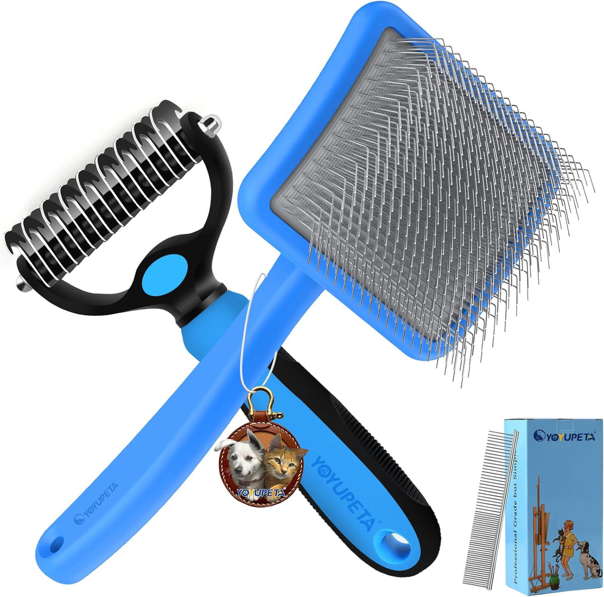 Large Slicker Brush for Dogs - 3PC Pet Grooming Kit - Undercoat Rake & Stainless Comb | Long Pins Remove Mats on Poodles, Golden, Labradoodles | Thick Coat Deshedder for Dogs, Cats, Blue
