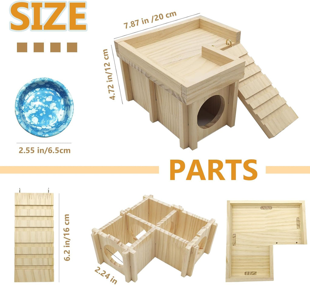 Wooden Hamster Hideout Hamster Wood House with Ladder Hides Platform Decor Detachable Small Animals Cage Accessories for Rat Gerbils and Other Small Pets