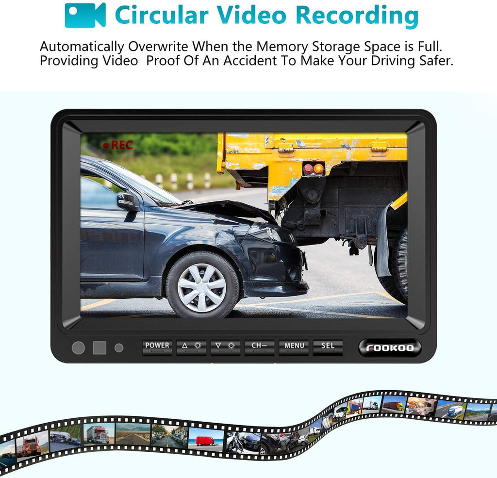 Fookoo ??7" HD 1080P Wired Backup Camera System, 7-inch Dual Split Screen Monitor W/Recording IP69 Waterproof Front View Rear View Camera Parking Lines for Truck/Trailer/RV/Skid Steer (FHD2)