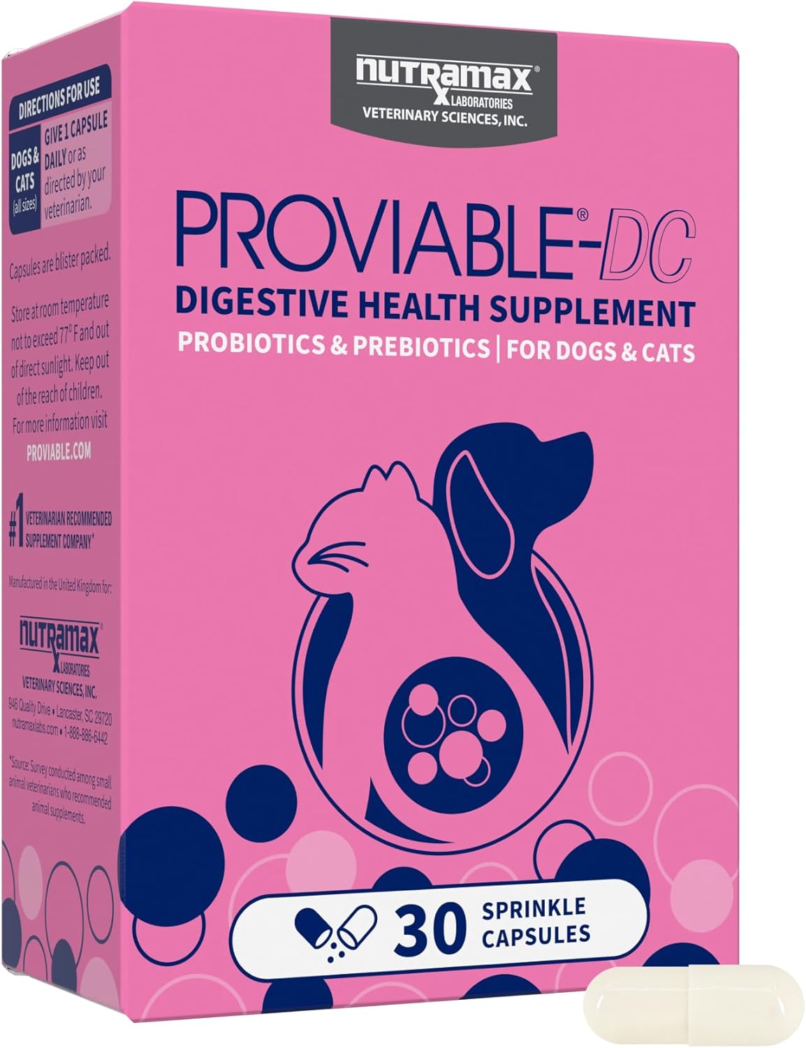 Nutramax Proviable Probiotics for Dogs and Cats, Daily Digestive Health Supplement with Multiple Strains of Bacteria, Cat and Dog Probiotics Plus Prebiotics, 30 Capsules