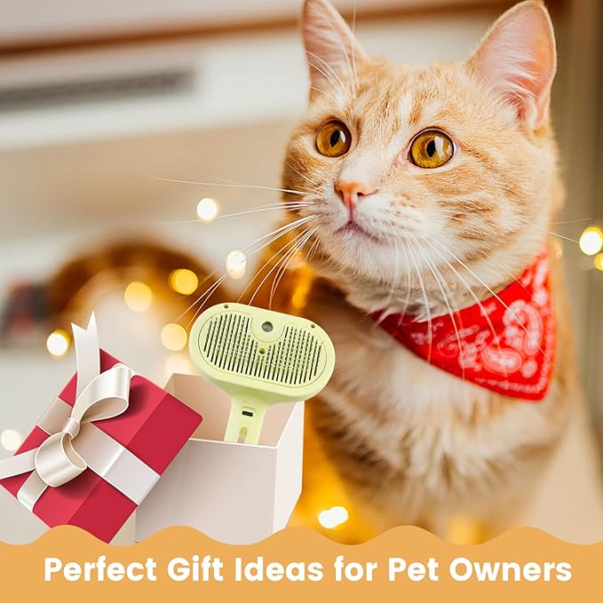 3 in 1 Cat Steam Brush, Pet Spray Hair Removal Comb for Shedding & Grooming, Water Brush for Cats Dogs Small Animals Long Short Haired with One-Click Release Button(Yellow)