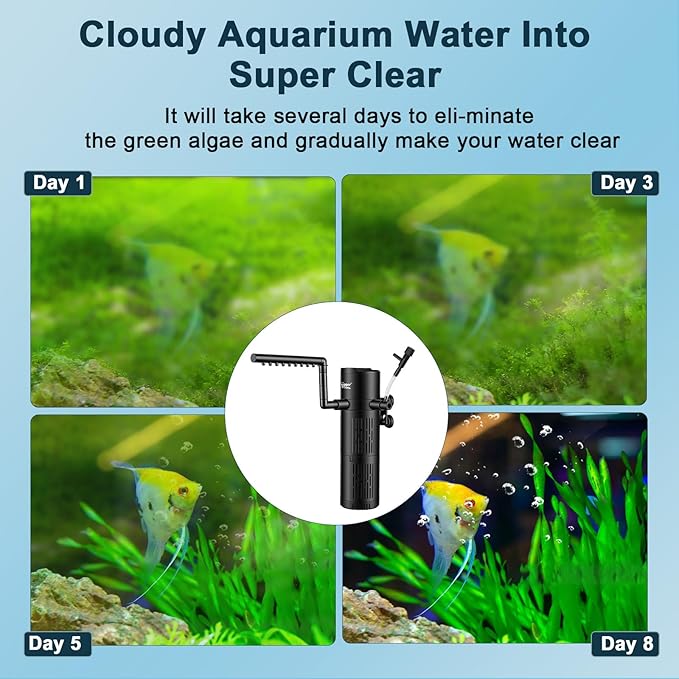 hygger Aquarium U-V Filter with Filter Sponge, U-V Light & Timer, Submersible Pump Filter for Green Water Clean, Internal Filter with Aeration & Rainfall for Fish Tank