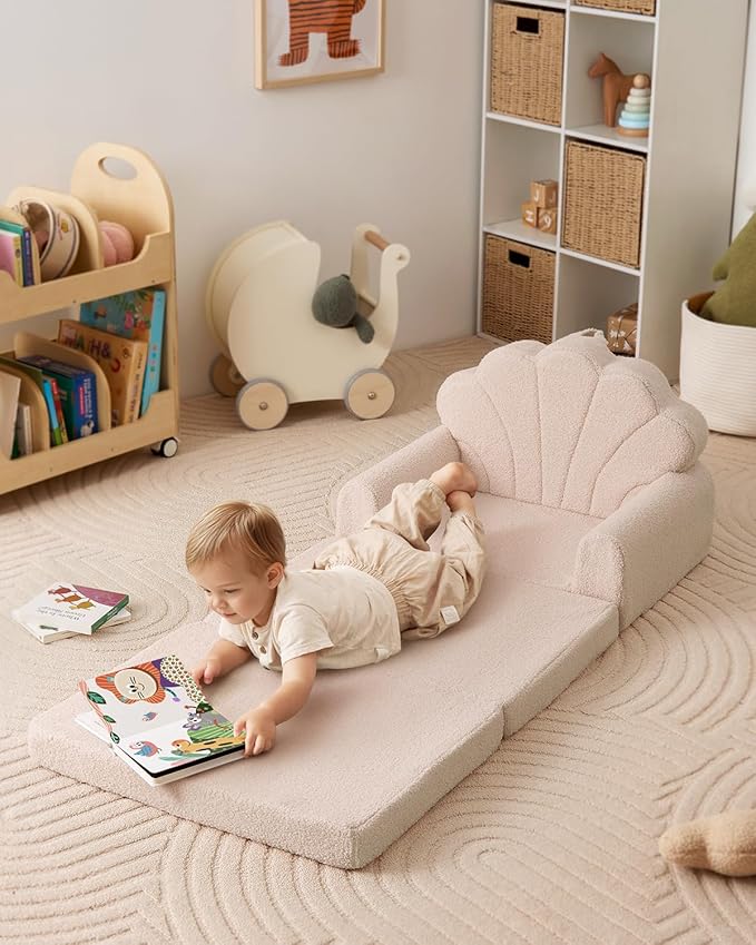 Blissful Diary Kids Couch, 2-in-1 Soft Toddler Couch Fold Out, Toddler Chair Comfy, Convertible Sofa to Lounger, Kids Furniture for Playroom, Gift for Birthday, Children's Day, Beige Shell