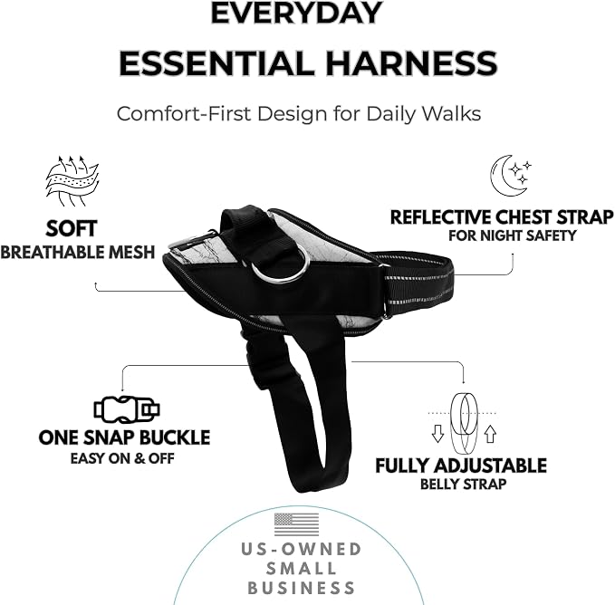 ShawnCo Essential Dog Harness, No-Pull Pet Vest (White Marble,M) | 3 Leash Clips, Easy On, No-Choke, Reflective, Adjustable Fit, Padded Comfort, Control Handle, For Small, Medium & Large Dogs