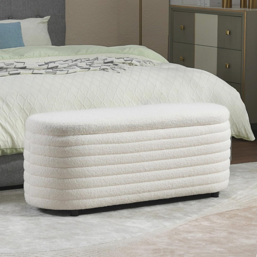Storage Teddy Ottoman Bench Upholstered Fabric Storage Bench End of Bed Stool with Safety Hinge for Bedroom, Living Room, Entryway, Closet(44.5", White)