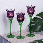 VOHO Purple Tulip Tealight Candle Holder Set of 3, Glass, Purple, Floral, Holidays, Wedding, Romance, Easter, Halloween, Thanksgiving, Christmas, Anniversary & Engagement, Tabletop, 3.15'' x 10.83''