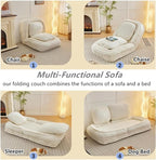 Foldable Lazy Sofa Bed with 5 Levels Adjustable Backrest, Beige | Comfy Upholstered Human Dog Bed for Adults and Pets, Lazy Floor Lounger with 2 Soft Cushions for Living Room Bedroom