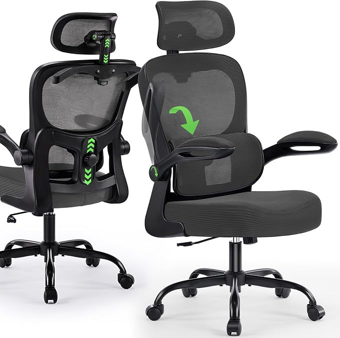 Office Chair Ergonomic Desk Chairs with Adjustable Lumbar Support& Headrest Hanger, High Back Breathable Mesh Chair with Wheels, Rolling Swivel Comfy Task Computer Chair for Home Work Gaming