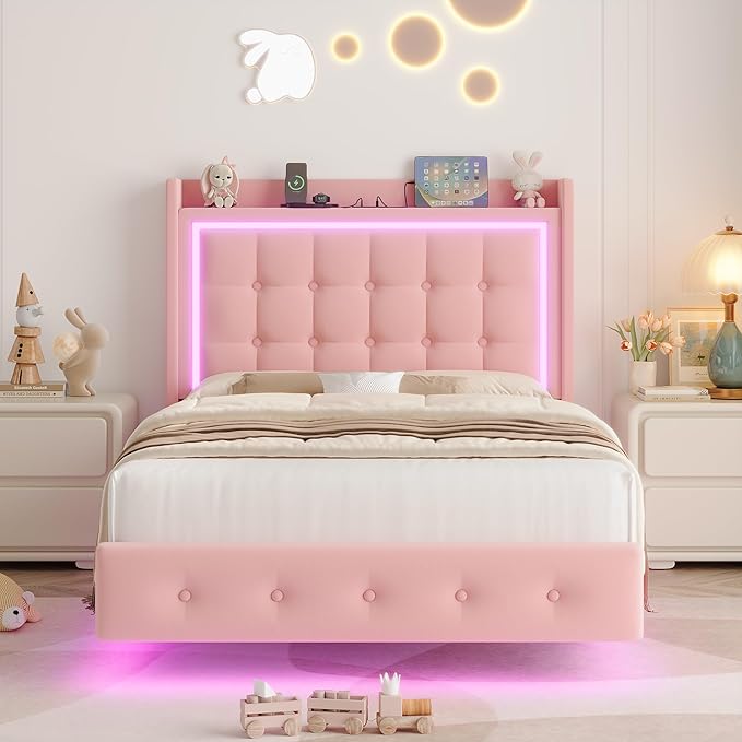 Keyluv Upholstered Twin Floating Bed Frame with RGB LED Lights and Charging Station, Velvet Platform Bed with Button Tufted Storage Headboard, Type-C & USB Charging Ports, No Box Spring Needed, Pink