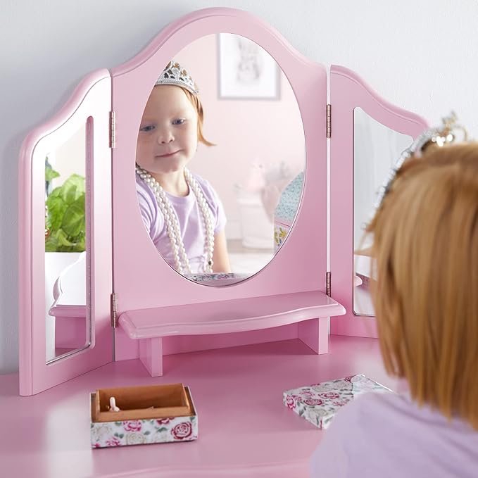 Guidecraft Pink Vanity and Stool Set for Kids Age 3-8, Pretend Play Makeup Table with Mirrors and Chair for Girls, Wooden Princess Toy Vanity Desk Playset with Storage Drawer