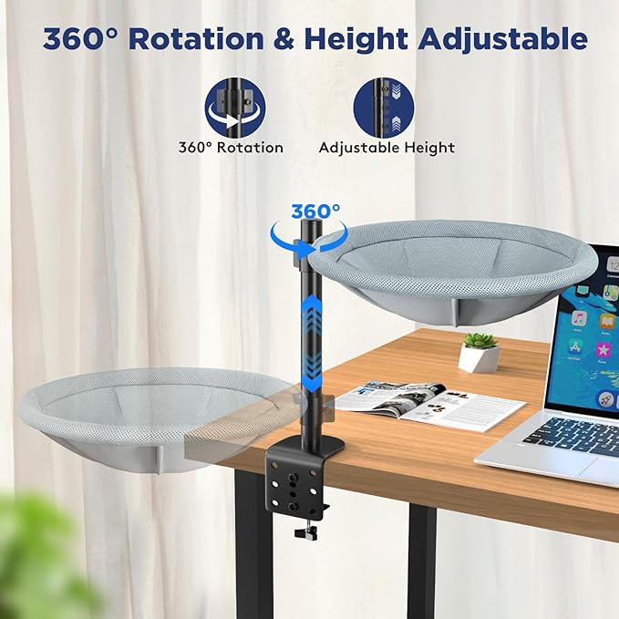 Cat Desk Bed - 360° Rotating & Height Adjustable Cat Hammock Perch, Sturdy Cats Bed for Desk with Removable Washable Cover, Supports Up to 60lbs, Perfect for Indoor Cats