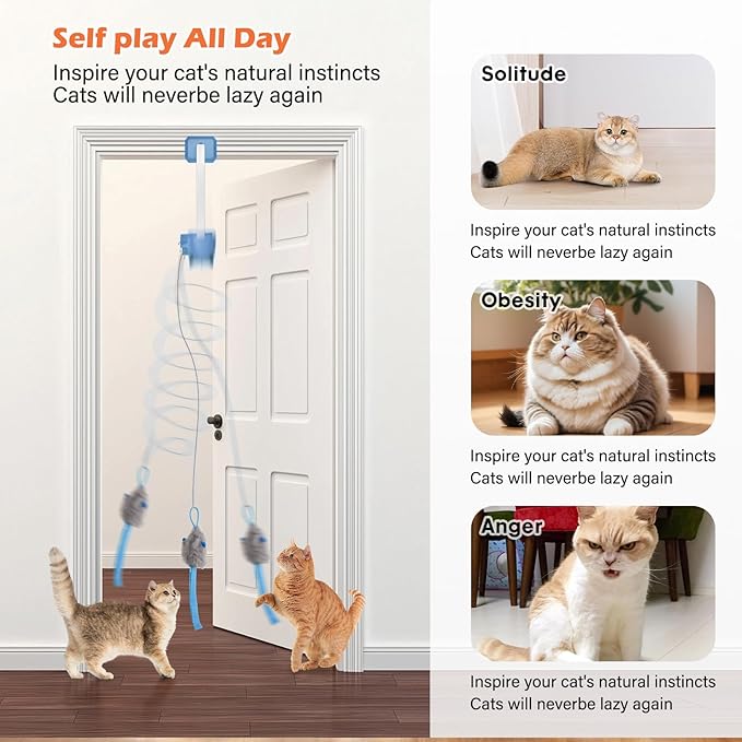 Rechargeable Electric Cat Teaser with Remote – Interactive Door Clip Toy for Cats, 2 Motion Modes (360° Spin & Irregular Jumping), Smart Auto Cat Toy for Exercise & Fun (Blue)