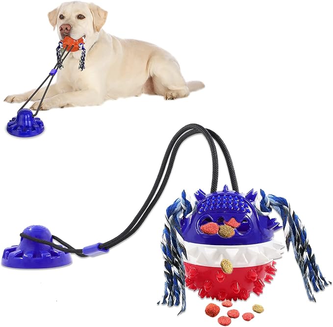 Aggressive Chewer Dog Toys - Rope Toys with Suction Cup, Teething Treats & Puzzle Food Dispensing Ball (Navy Blue)