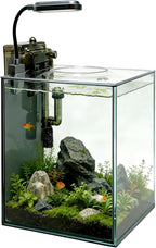 2.1 Gallon Nano Aquarium Kit with Lid, Space Saving Hang-On Filter and LED Light, Ultra-Clear Rimless Glass Desktop Fish Tank for Small Fish, Shrimp, and Betta